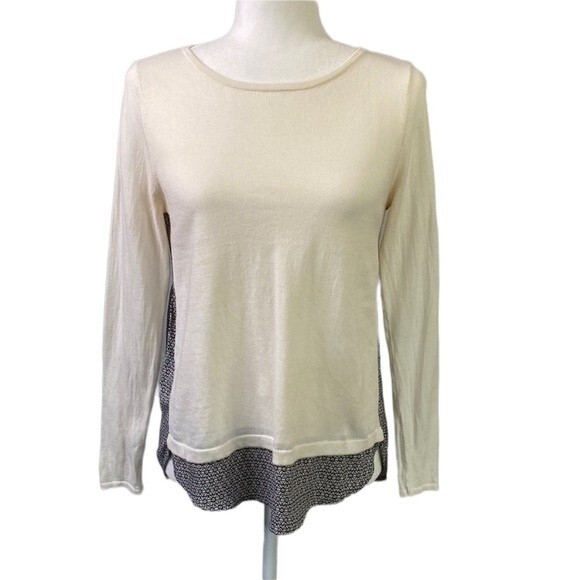 Loft Tunic Blouse Top Mixed Media Cotton Long Sleeve Geometric High Low Layer - Picture 1 of 16